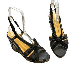 Salvatore Ferragamo PG 154 Black Leather Bow Accent‎ Wedge Sandals